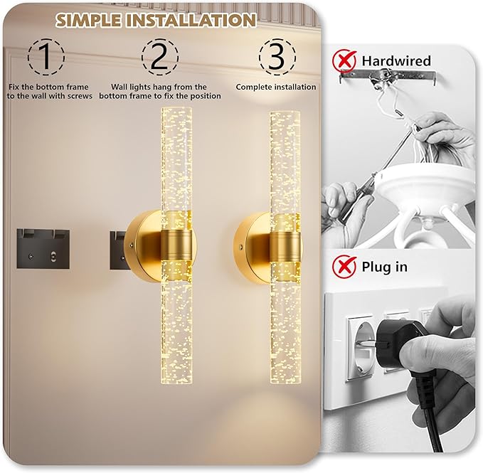 Gold Battery Operated Wall Sconce, 13000mAh Rechargeable Wall Light with Remote Control, 15 Color Dimmable Wireless Wall Lamp for Bedroom Living Room Hallway Party Decor, Crystal Wall Sconce