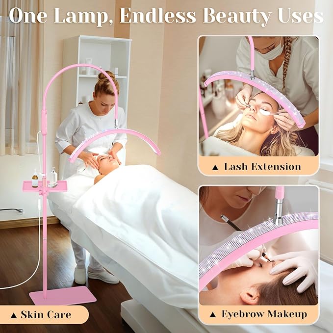 Bling Lash Light for Eyelash Tech, Led Half Moon Light Lamp for Tattoo, Lash Extensions, Nail, Esthetician & Artists, Adjustable Height, with Movable Tray, Crystal Diamond