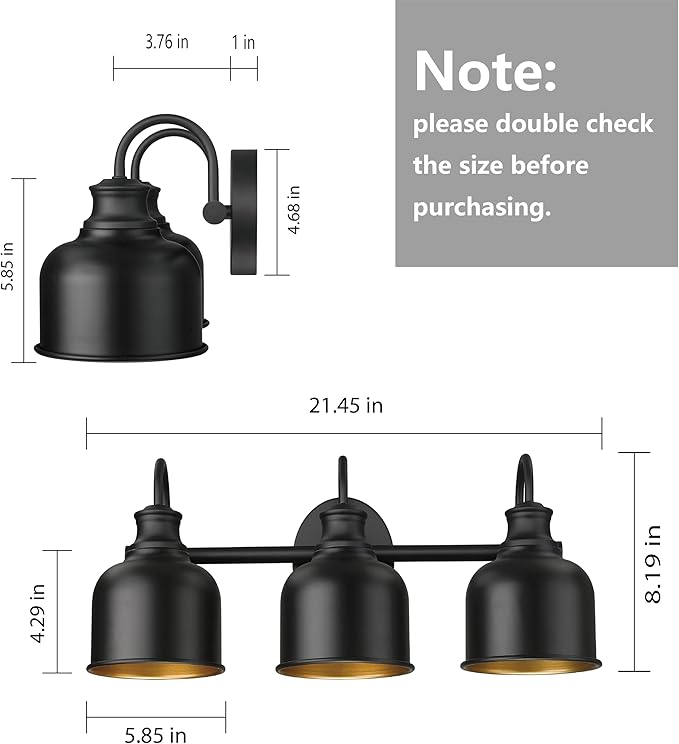Bathroom 3-Light Vanity Fixture Farmhouse Wall Sconce Barn Lights with Matte Black Metal Shade Exterior Wall Lighting Fixture Industrial Wall Lights for Bedroom,Kitchen, Living Room,Hallway