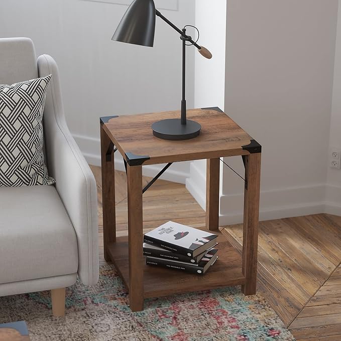 Flash Furniture Wyatt Modern Farmhouse 2 Tier Side Table - Rustic Oak Engineered Wood Frame - Black Metal Crisscross Side Braces and Corner Accents