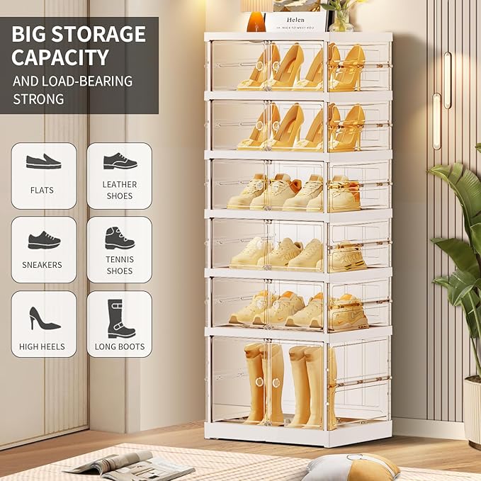 6-Tier Foldable Shoe Rack for Closet Entryway 6-12Pairs,Stackable Clear Shoe Storage Boxes Organizer with Door Plastic Small Shoe Cabinet Bins with Lids Shoes Shelf Easy Assembly White