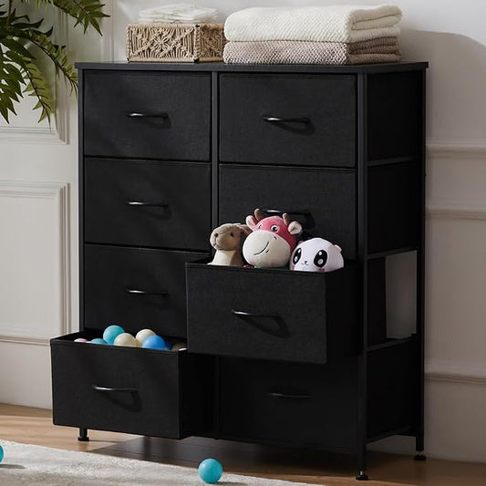 DUMOS 8 Drawer Dresser for Bedroom, Fabric Storage Organizer with Sturdy Metal Frame, Wooden Top Chest of Drawers for Closet Entryway Guest Room,Matte Black