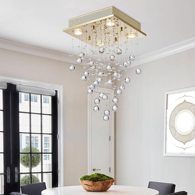 Bestier Gold Modern Crystal Square Raindrop Chandelier Lighting Flush Mount LED Ceiling Light Fixture Pendant Lamp for Dining Room Bathroom Bedroom Livingroom 4 GU10 Bulbs Required 12" Wide 20" High