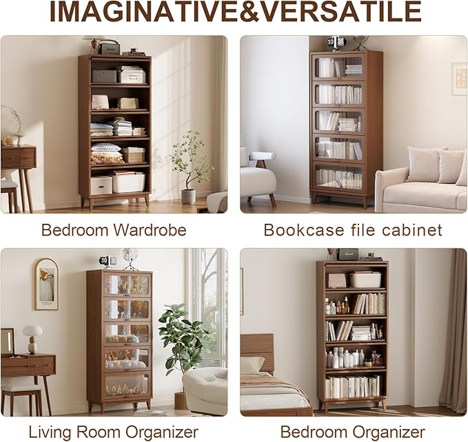 70''H Solid Wood Bookcase with 5 Shelves and Tempered Glass Flip-Up Doors, Bookshelves Finish Cube Storage Organizer, Versatile Bookshelf Pantry Cabinet(Without Lights) Natural Wood