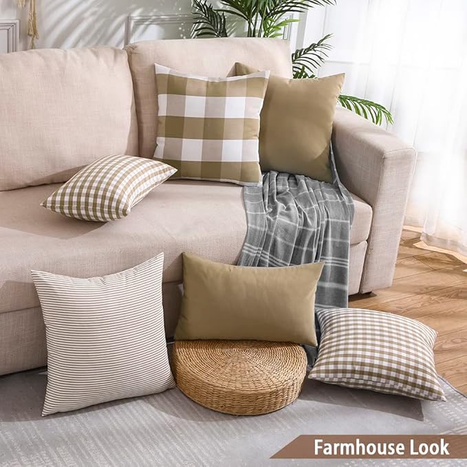 CARRIE HOME Brown Khaki Tan Striped Decorative Pillow Covers 18x18 Set of 2, Neutral Modern Farmhouse Dark Brown Couch Throw Pillows for Living Room 18 x 18 (No Pillow Inserts)