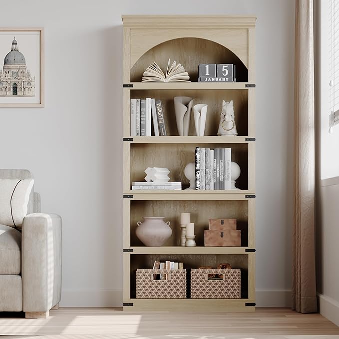 Garvee Farmhouse Arched Bookshelf, 69" Tall Bookcase w/Arche Design, Wooden Arch Book Shelf with Wooden Base, 5 Tier Bookshelves Rustic Vintage Book Shelf for Living Room Office Library (Nature)