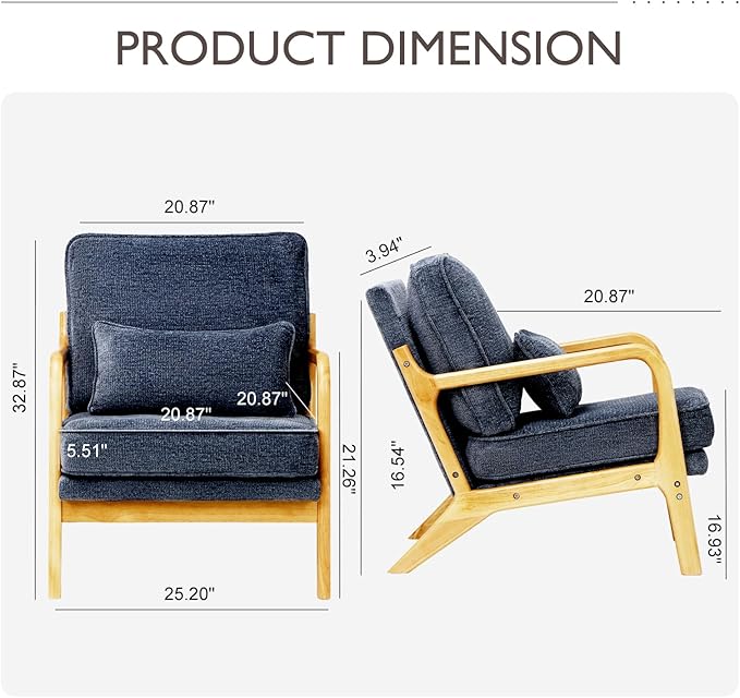 Modern Accent Chair Set of 2 with Lumbar Pillow, Relaxing Mid Century Chair Armchair with Solid Wood Frame & Soft Cushion, Reading Leisure Armchair for Living Room, Blue