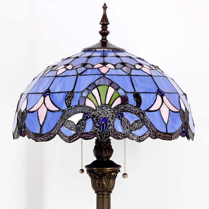 WERFACTORY Tiffany Floor Lamp Blue Purple Baroque Stained Glass Standing Reading Light 16X16X64 Inches Antique Pole Corner Lamp Decor Bedroom Living Room Home Office S003C Series