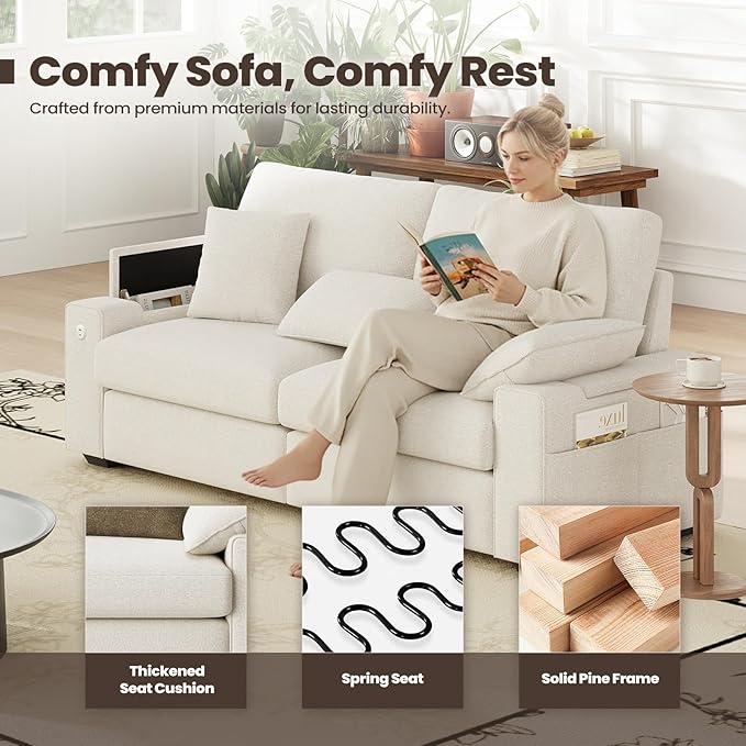 MALOL 76" Loveseat Sofa, Cloud Foam Couch, 3 Seater Upholstered Midcentury Mondern Love Seat with USB Type C Ports, 4 Pillows and Flip-Open Storage Armrest for Living Room/Small Spaces, Beige