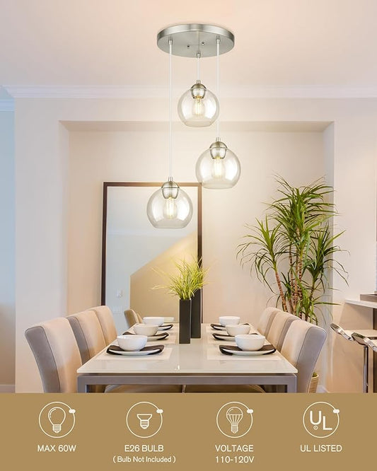 Emak Brushed Nickel Pendant Light, 3-Light Pendant Lights Kitchen Island with Clear Glass Shade, Cluster Globe Hanging Light Fixture for Kitchen, Bedroom, Bathroom, Dining Room, PL119-BN-CL