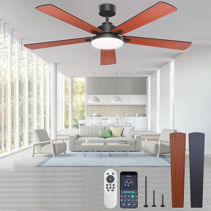 Ceiling Fans with Lights and Remote Control,Indoor/Outdoor Flush Mount Low Profile Commercial Reversible Dimmable Wood Grain Ceiling Fans for Living Room Patio Industrial Shop, 62 inch