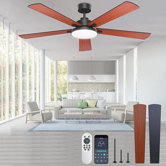 Ceiling Fans with Lights and Remote Control,Indoor/Outdoor Flush Mount Low Profile Commercial Reversible Dimmable Wood Grain Ceiling Fans for Living Room Patio Industrial Shop, 62 inch