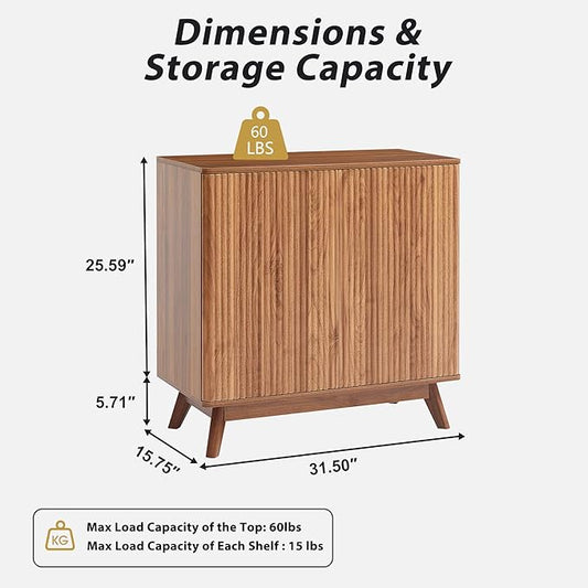 Set of 2 Fluted Storage Cabinet with 2 Doors and Adjustable Shelves, Mid Century Modern Credenza Sideboard Buffet Cabinet with Storage, Kitchen Sideboard for Dining Room Hallway Entryway - Walnut