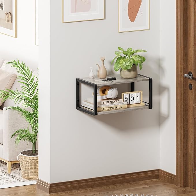 Floating Nightstand, Wood Bedside Shelf Wall Mounted Nightstand with Heavy-Duty Frame, Floating Bedside Table for Bedroom, Bathroom, Kitchen, (Vintage Grey, 1 Pack)