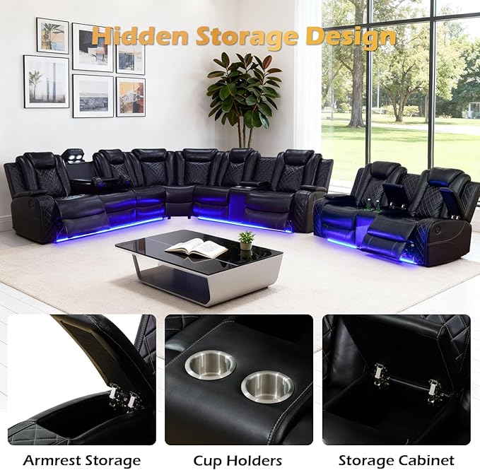 Leather Power Recliner Sectional Sofa Set with LED Light,L Shape Leather Couch Set with Recline Loveseat,Modular Corner Sofa with USB Port for Living Room Furniture(Black, Sectional+Loveseat)