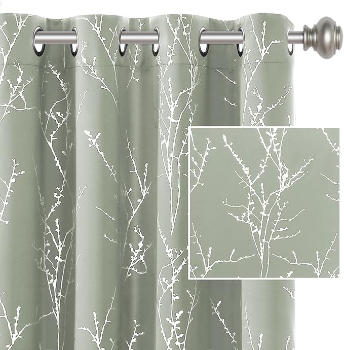 H.VERSAILTEX Blackout Curtains for Bedroom Foil Print Twig Tree Branch Thermal Insulated Grommet Curtain Drapes Light Blocking Thick Soft Window Curtains for Living 52 x 84 Inch, 2 Panels, Sage