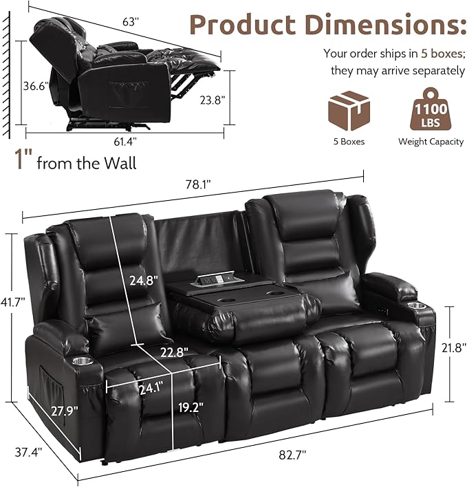 SAMERY Power Loveseat Recliner Sofa, Wall Hugger Reclining Loveseat Sofa, Movie Home Theater Seating with Flip-Backrest, Solid Wood Top, Ambient LED Lights, USB-C, Outlets, Faux Leather, Black | Extra Wide Seat