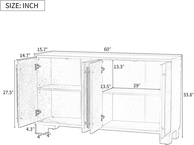 Ball & Cast 60“ Sideboard Buffet Cabinet with Storage,Traditional Coffee Bar Cabinet with 4 Doors and Adjustable Shelves,Wood Side Board Table with Long Gold Handles or Living Room, Kitchen,Navy