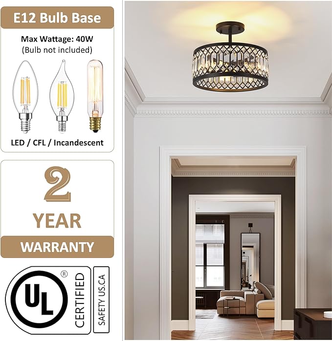 12.6" Crystal Semi Flush Mount Ceiling Light Fixture, 3-Light Antique Black Hallway Light Fixtures, Round Chandelier for Bathroom Entryway Closet Bedroom Kitchen Dining Room