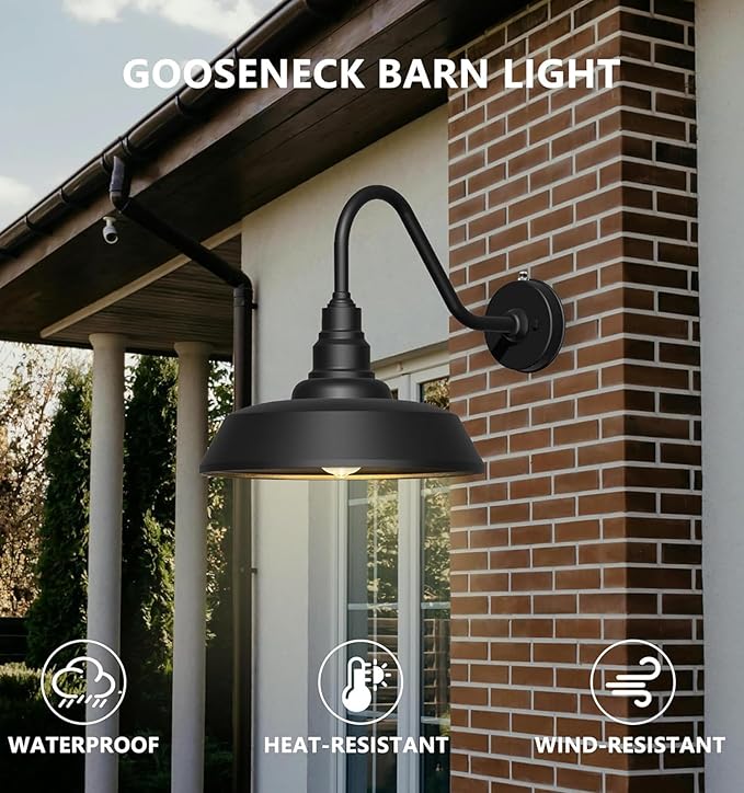 12 Inch Outdoor Gooseneck Barn Lights, Dusk to Dawn Sensor, Waterproof and Rustproof Black Barn Lights for Porches, Houses and Farmhouses 2 Pack…