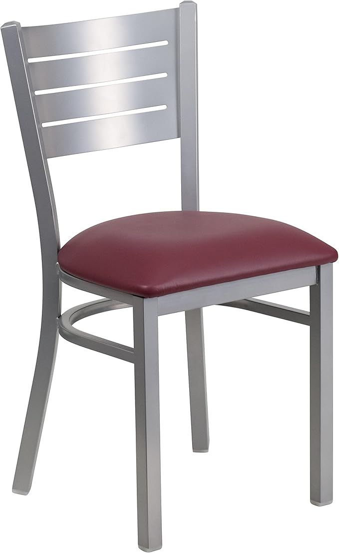 Flash Furniture 2 Pk. HERCULES Series Silver Slat Back Metal Restaurant Chair - Burgundy Vinyl Seat