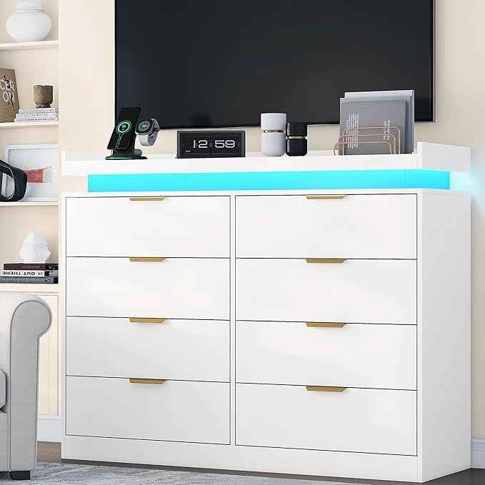 8 Drawer Dresser for Bedroom, White Dresser with LED Lights and Power Outlet, Wooden Dressers Chests of Drawers, Double Wide Dressers for Bedroom, Entryway, Hallway