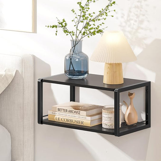 Floating Nightstand, Wood Bedside Shelf Wall Mounted Nightstand with Heavy-Duty Frame, Floating Bedside Table for Bedroom, Bathroom, Kitchen, (Vintage Black, 1 Pack)