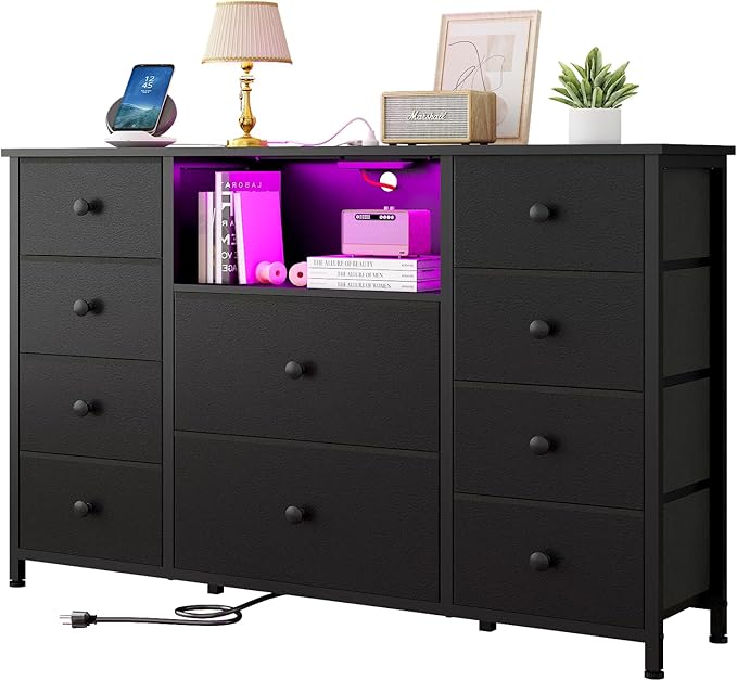 NONGSHIM Dresser with Charging Station and LED Lights, Long Dressers for Bedroom Dresser TV Stand with 10 Drawers, Fabric Chest of Drawers with PU Finish, Wide Dressers Storage Organizer, Black