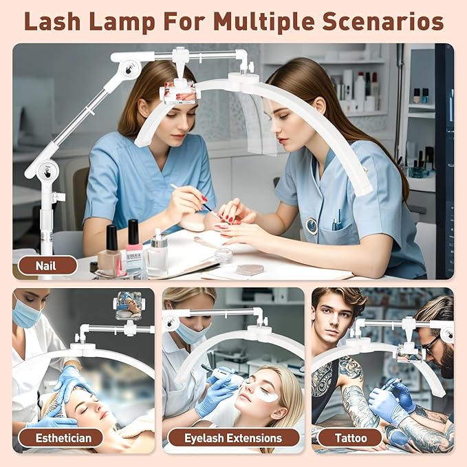 HITTI Lash Light for Eyelash Tech, 2026 Upgrade LED Half Moon Lamp with 4 Wheel Rolling Base, Esthetician Light for Tattoo Artists, Beauty - Adjustable Brightness, Phone Holder, 360°Rotating-White