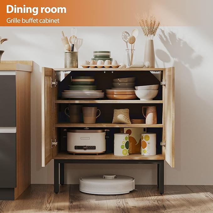 Mericonia Grille Buffet Cabinet with Storage, Sideboards 2 Doors with Metal Base and Adjustable Shelf for Kitchen, Coffee Bar, Dining Room, Entryway, Hallway,Living Room