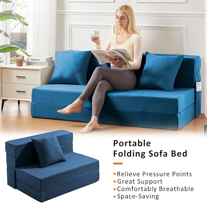 JKMAX Twin Size Folding Sofa Bed - 4 in 1 Foldable Couch with Pillow - High Density Memory Foam Sleeper Chair - Convertible Fold Out Bed with Washable Modern Linen Cover for Home Office (Blue)