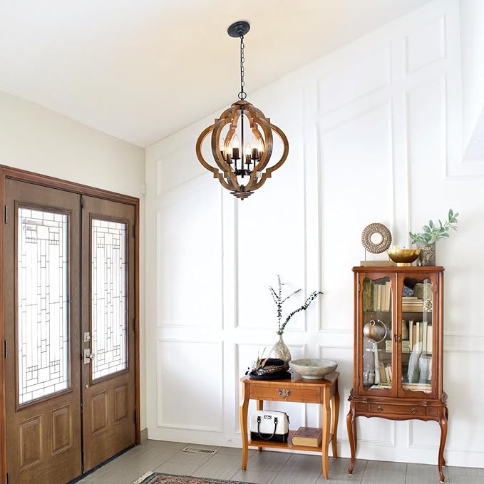 18.5" Farmhouse Chandelier for Dining Room, 6-Light Farmhouse Wood Chandelier, Rustic Dining Room Light Fixture, Rustic Pendant Lighting for Kitchen Island Living Room Bedroom Foyer