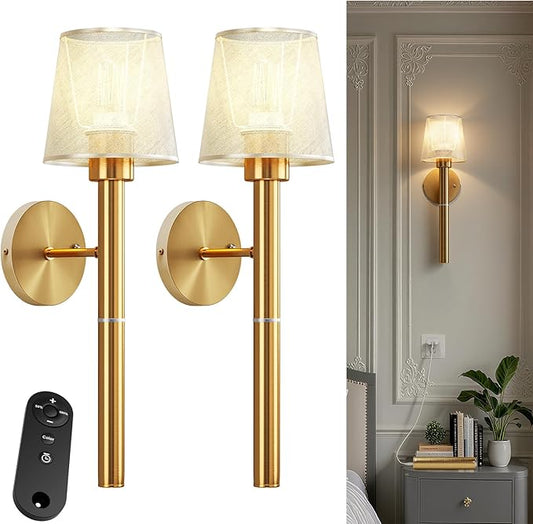 Battery Operated Wall Sconces Set of 2, 5200mAh Gold Rechargeable Wall Lights with 3 Color, Remote Control & Timer Function for Bedroom Living Room Hallway Decor
