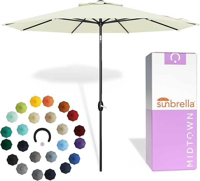 Midtown Umbrellas - The Lean 10 Ft Patio Umbrella with Fade-Resistant Sunbrella Fabric, Auto-Tilt Aluminum Frame and 8 Reinforced Ribs for Deck, Pool & Garden - Canvas Natural Canopy, Black Pole