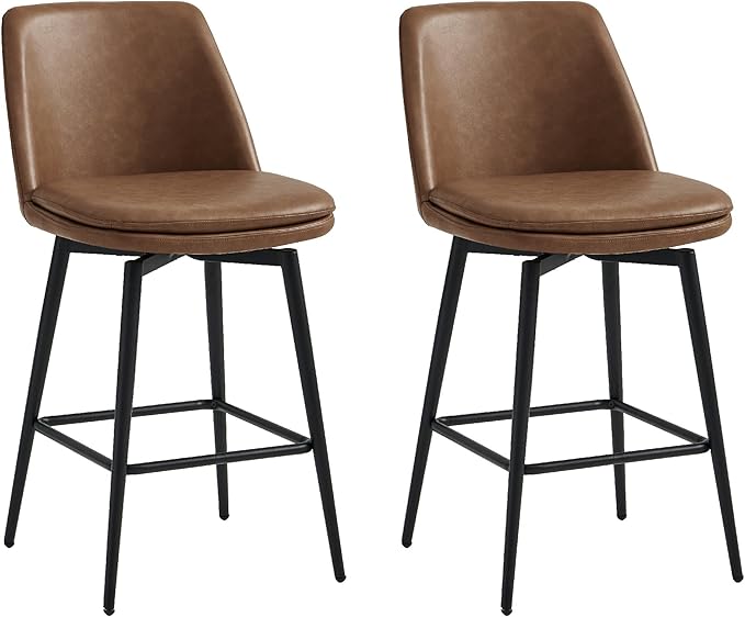 CHITA Swivel Bar Stools, 27.2" Counter Height Bar Stools Set of 2, FSC Certified Upholstered Modern Counter Stools, Metal Legs, Faux Leather, Saddle Brown
