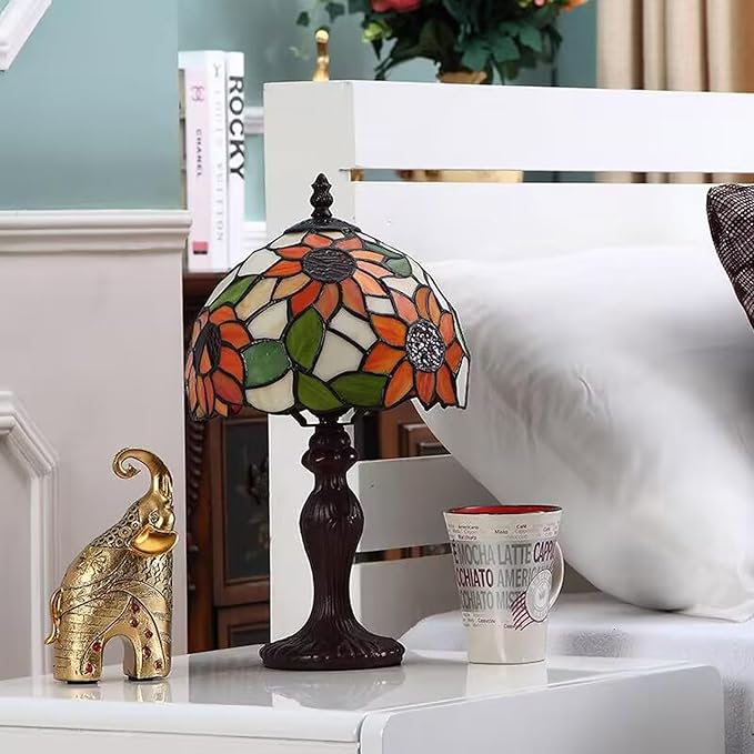 Tiffany Table Lamp,3 Color-Temperature Sunflower Stained Glass Lamp,8X8X15 Inch Small Accent Antique Nightstand Bedside Table Lamps for Bedroom Living Room Home Office Light +LED Bulb