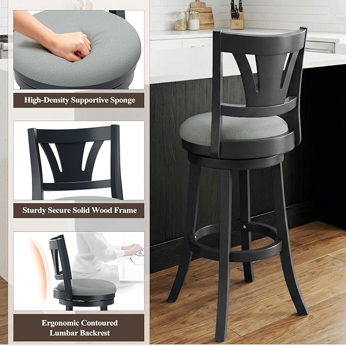 Swivel Bar Stools Set of 1,30 Inch Bar Height Barstool with Silent Rotation, High-Density Foam Cushion, Solid Wood Frame, Footrest & Anti-Slip Pads for Kitchen Islands and Home Bars (Grey)