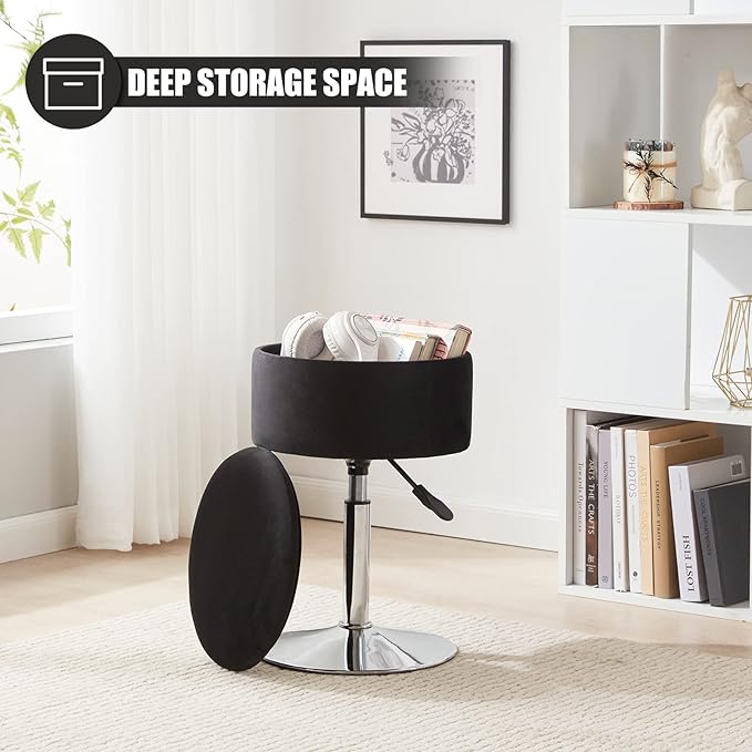 Adjustable Ottoman Stool Black Vanity Stool Vanity Chair for Makeup Room Stool Chair for Vanity Stool with Storage Makeup Stools with Storage Swivel Makeup Chair for Bathroom Velvet