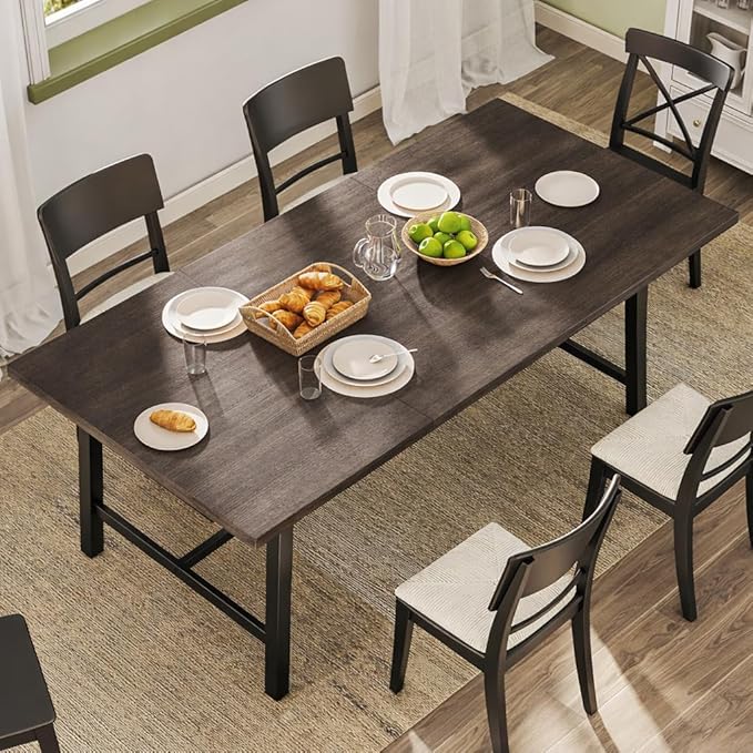 Concho 71" Solid Thick Dining Table for 6-8 People, Long Wooden Kitchen Dinner Table with Sturdy Metal Frame for Home Office,Dining Room,Living Room Furniture, Deep Grey(Chairs Not Included)
