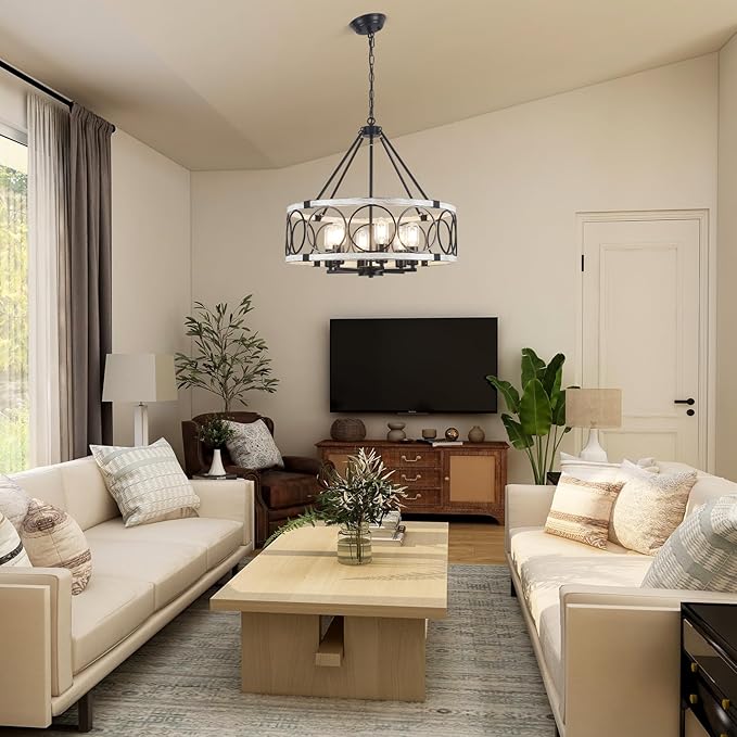 Rustic Farmhouse Chandelier 6 Light, Dining Room Light Fixtures Over Table, Hanging Farmhouse Light Fixture Round Chandelier for Kitchen Island Entryway Foyer Bedroom-Black & White Oak