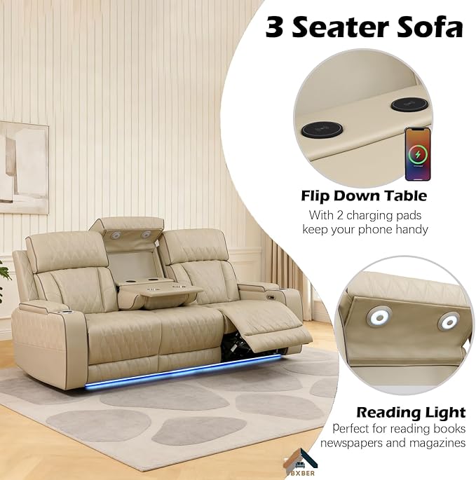 Power Reclining Sofa Set for Living Room, Leather Recliner Couch and Chair with Drop-Down Table, Power Pads, Reading Lights for House/Home Teather(Sofa and Chair, Beige)
