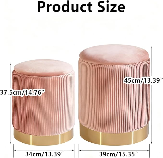 IBUYKE Round Storage Ottoman Set of 2 Ottoman for Dorm Vanity Stool with Storage Velvet FootStools End Table Boucle Ottoman for Home Organization Pink UWBD016P