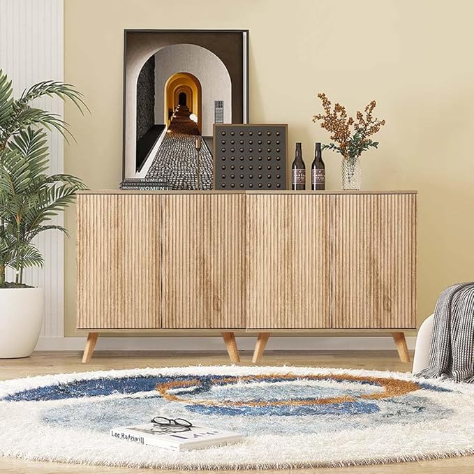 Set of 2 Sideboard Storage Cabinet with Doors and Shelves, Buffet Cabinet with Storage for Kitchen/Dinning Room, Credenza Storage Cabinet for Living Room/Entryway/Media/TV - Natural
