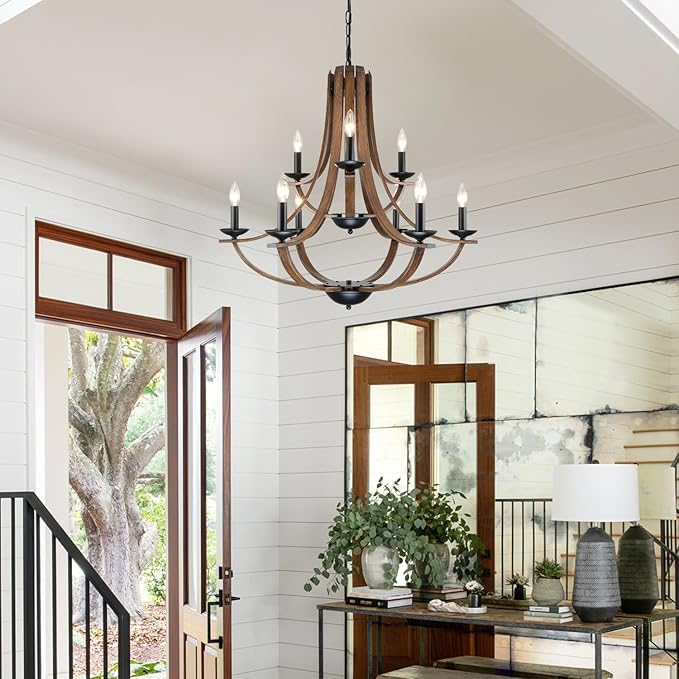 Farmhouse Chandeliers for Dining Room Light Fixture,2 Tier 9-Light 31" Adjustable Height Retro Faux Wood Texture Rustic Light Fixtures for Living Room Bedroom Foyer Entryway