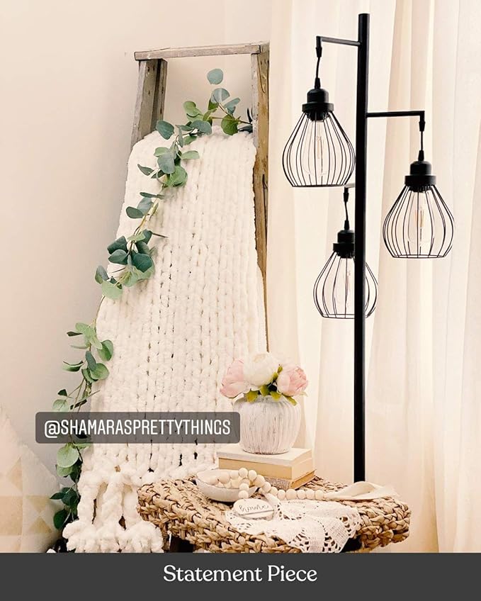 Brightech Teardrop - Modern LED Floor Lamp for Bedroom, Office, Living Room – Tall Industrial Standing Tree Lamp with 3 Elegant Cage Lamp Shades, Bright Edison Bulbs – Black