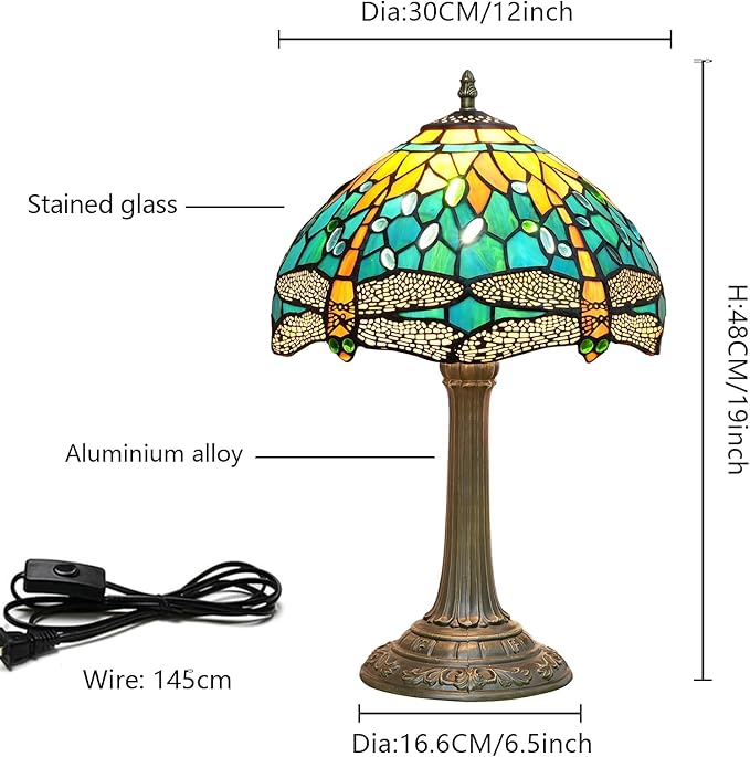 Tiffany Lamp Green Dragonfly Style Stained Glass Lamps Teal Bedroom Bedside Table Lamp for Dorm Office Art Craft Antique Decor Accent Aesthetic Nightstand Retro Metal Reading Lamps 12 inch