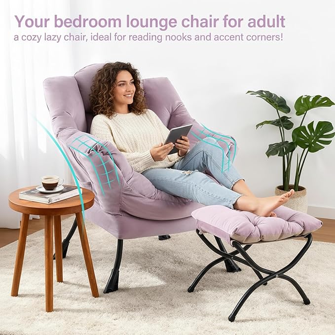 Lazy Chair with Ottoman, Modern Accent Chair with Lumbar Pillow, Velvet Light Purple Sofa, Armchairs with Folding Footrest, Oversized Supportive Chairs for Bedroom, Reading