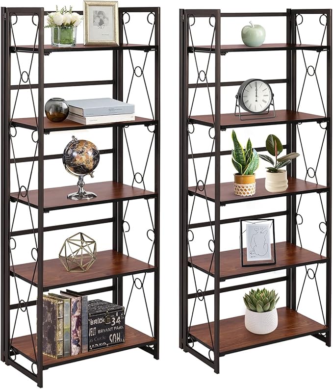 VECELO 5 Tier Bookshelf, Industrial Folding Bookcase with Metal Frames,Modern Standing Storage Rack Shelf Organizer for Home and Office,