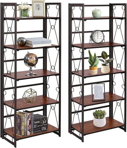 VECELO 5 Tier Bookshelf, Industrial Folding Bookcase with Metal Frames,Modern Standing Storage Rack Shelf Organizer for Home and Office,