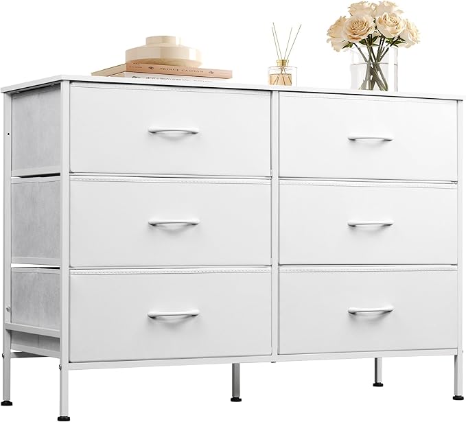 WLIVE Wide Dresser with 6 Fabric Drawers, TV Stand for 50" TV, Closet Dresser with Metal Frame, Wooden Top, Fabric Dressers for Bedroom, Closet, Hallway, Living Room, Entryway, White